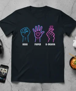 Rock Paper K-DRAMA text with hand gestures in neon blue and pink on a black t-shirt