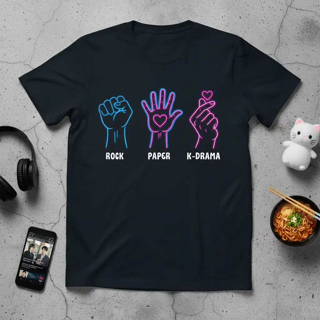 Rock Paper K-DRAMA design with neon hand gestures and text on a black t-shirt