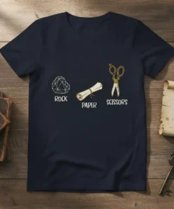 Rock Paper Scissors t-shirt design with graphic elements and text labels