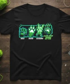 Rock Paper Scissors Razor-Tipped Murder Mittens text with cat paw and fist graphics on a black t-shirt