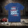 ROCK. PAPER. SCISSORS. THROAT PUNCH! I WIN text design with graphic elements on a blue t-shirt