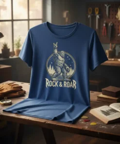 Rock & Roar Bigfoot t-shirt design featuring the creature with a rock hand gesture and trees