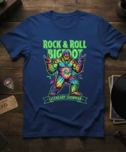 Rock & Roll Bigfoot Legendary Showman t-shirt design with a tie-dye Bigfoot graphic and neon green text