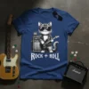 Rock + Roll cat wearing sunglasses and playing a guitar, with a vintage amplifier