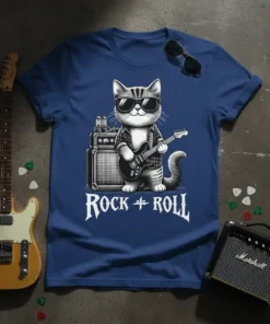 Rock + Roll cat wearing sunglasses and playing a guitar, with a vintage amplifier
