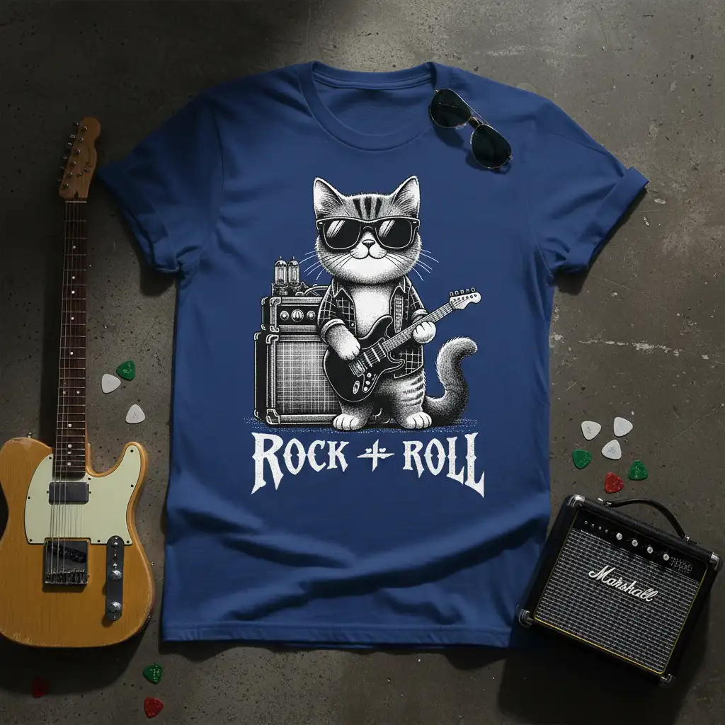 Rock + Roll cat playing guitar with vintage amplifier, cool graphic t-shirt design