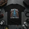 Black t-shirt with "ROCK & ROLL ELECTRIC AVENUE" text and a glowing electric guitar graphic surrounded by amplifiers