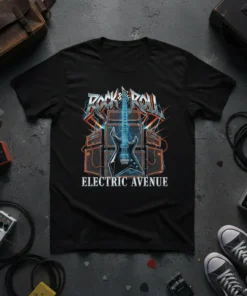 Black t-shirt with "ROCK & ROLL ELECTRIC AVENUE" text and a glowing electric guitar graphic surrounded by amplifiers