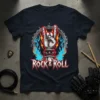 ROCK & ROLL text with hand horns gesture, blue flames, and barbed wire design on a dark t-shirt