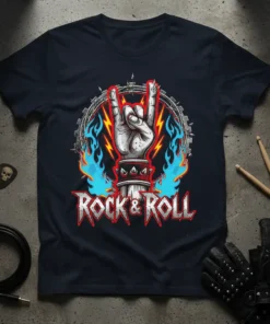 ROCK & ROLL text with hand horns gesture, blue flames, and barbed wire design on a dark t-shirt