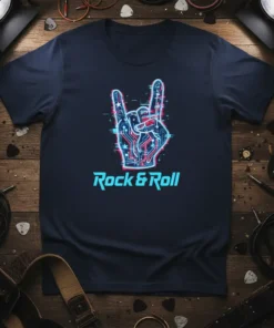 Rock & Roll hand gesture design with glitch effect, featuring the text "Rock & Roll" in bold font