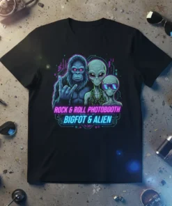 Rock & Roll Photobooth Bigfoot & Alien t-shirt with neon text and graphics of Bigfoot and two aliens