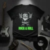 Rock & Roll Santa Claus graphic t-shirt with neon green text "ROCK & ROLL" and Santa making rock horns gesture