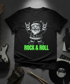 Rock & Roll Santa Claus graphic t-shirt with neon green text "ROCK & ROLL" and Santa making rock horns gesture