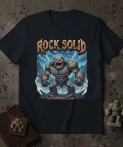 Rock Solid T-Shirt featuring a powerful, cartoonish rock monster with glowing orange cracks, standing amidst a stormy, lightning-filled sky