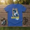 Rock Star Pup French Bulldog T-Shirt with sunglasses and bandana, vibrant yellow and orange graffiti style text