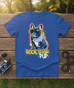 Rock Star Pup French Bulldog T-Shirt with sunglasses and bandana, vibrant yellow and orange graffiti style text