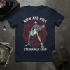 Skeleton playing electric guitar with "ROCK AND ROLL ETERNANLLLY LOUD" text, dark navy t-shirt design