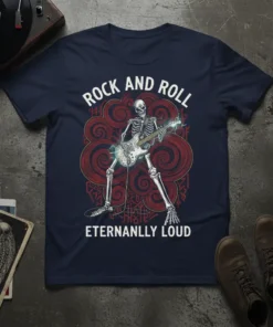 Skeleton playing electric guitar with "ROCK AND ROLL ETERNANLLLY LOUD" text, dark navy t-shirt design