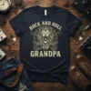 Rock And Roll And Grandpa t-shirt with lion, crown, and guitars graphic