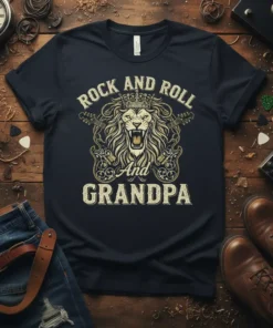 Rock And Roll And Grandpa t-shirt with lion, crown, and guitars graphic