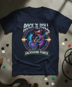 Rock 'n Roll Dachshund Power t-shirt design with a dachshund playing an electric guitar, set against a colorful cosmic background