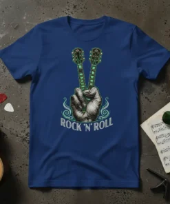 Rock 'n' Roll text with a hand making a peace sign with guitars on a t-shirt design