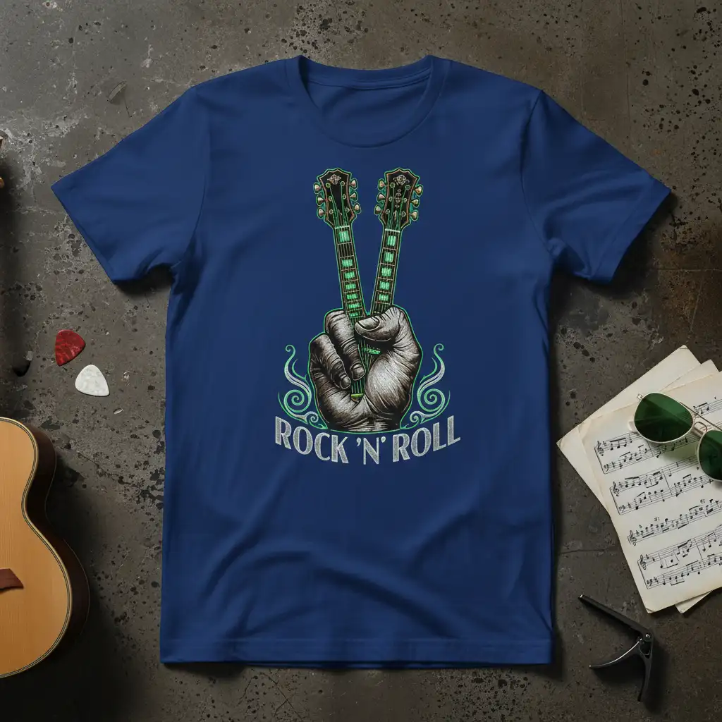 Rock 'n' Roll text and graphic of a hand peace sign with guitars on a blue t-shirt
