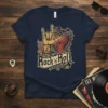 Rock 'n' Roll hand gesture with heart and flames graphic on a navy blue t-shirt