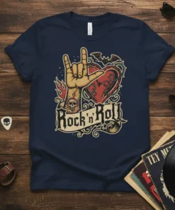 Rock 'n' Roll hand gesture with heart and flames graphic on a navy blue t-shirt