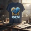 Rock On text with skeleton hands holding a cracked blue heart with band-aids, graphic t-shirt design