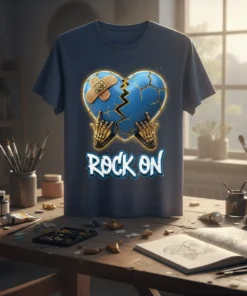 Rock On text with skeleton hands holding a cracked blue heart with band-aids, graphic t-shirt design