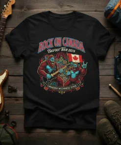 Black t-shirt featuring "ROCK ON CANADA BIGFOOT TOUR 2024 CANADIAN WILDERNESS STAGE" with graphic of Bigfoot playing guitar and holding