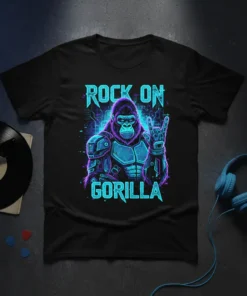 Rock On Gorilla T-Shirt featuring a neon-style gorilla giving a rock hand sign, with "ROCK ON GORILLA" text