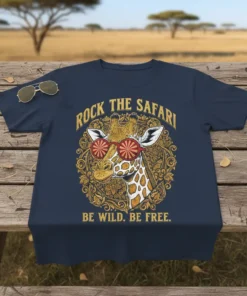 T-shirt design with text "ROCK THE SAFARI BE WILD BE FREE" and a graphic of a giraffe wearing sunglasses