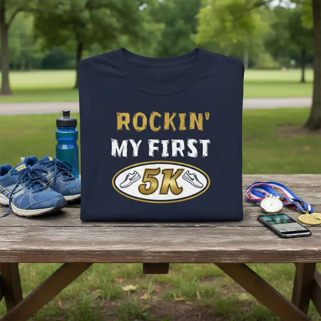 ROCKIN' MY FIRST 5K text design with running shoe graphics on a navy blue t-shirt