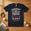 ROCKIN' the BOSTON TERRIER Mom LIFE text design with Boston Terrier graphic and bone accents on a navy t-shirt