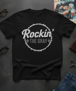 Rockin' The Gray text design on a black t-shirt with a circular, distressed border and subtle waveform graphic
