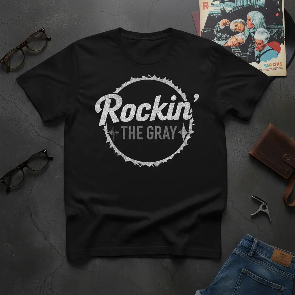Rockin' The Gray text design featuring a circular distressed border and waveform graphic, printed on a black tee