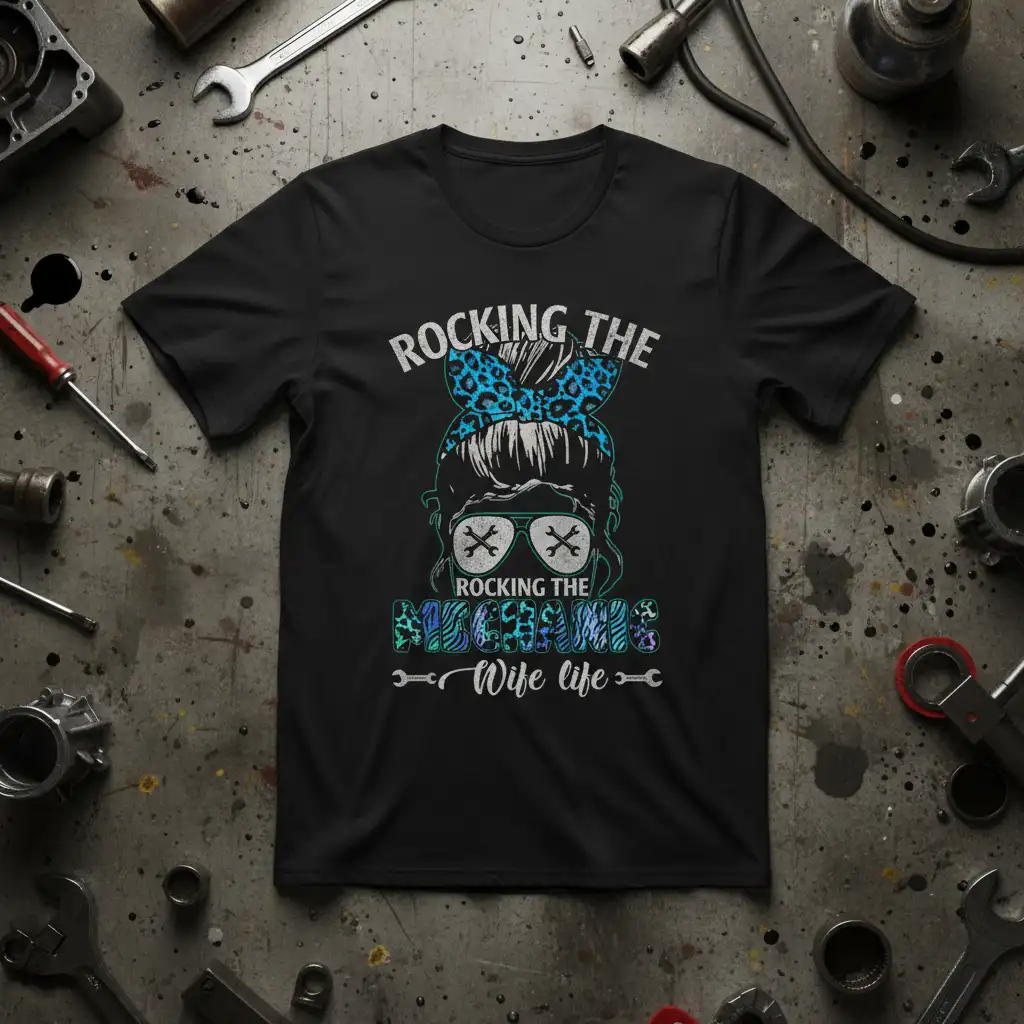 Rocking The Mechanic Wife Life quote with leopard print and mechanic graphic on a black tee