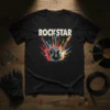 ROCKSTAR text above three colorful electric guitars on a black t-shirt design, representing music and rock and roll