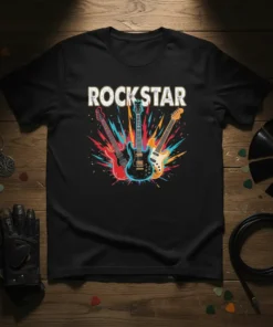 ROCKSTAR text above three colorful electric guitars on a black t-shirt design, representing music and rock and roll