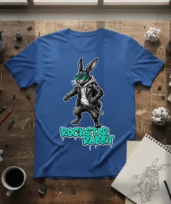 Rockstar Rabbit T-Shirt with a graphic of a cool bunny in a leather jacket and sunglasses, text reads ROCKSTAR RABBIT