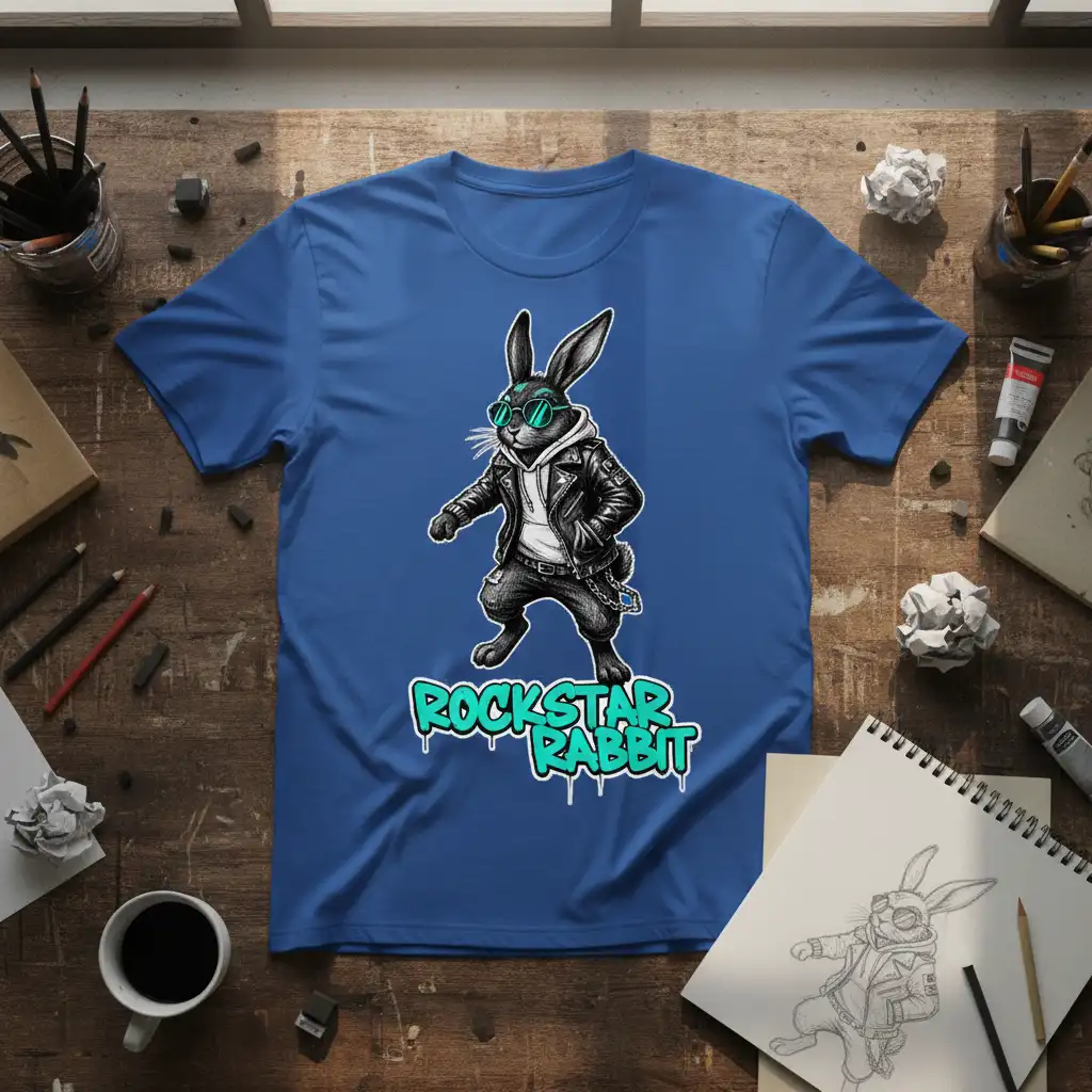 Rockstar Rabbit graphic tee featuring a cool bunny in a leather jacket and sunglasses with neon text