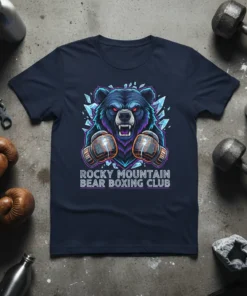 Rocky Mountain Bear Boxing Club graphic t-shirt featuring a fierce bear in boxing gloves, surrounded by ice crystals