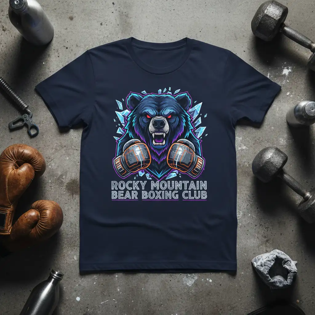 Fierce bear in boxing gloves with 'Rocky Mountain Bear Boxing Club' text on a navy blue t-shirt