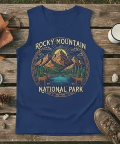 Rocky Mountain National Park text with elk, lake, and mountain graphic design on a navy blue tank top