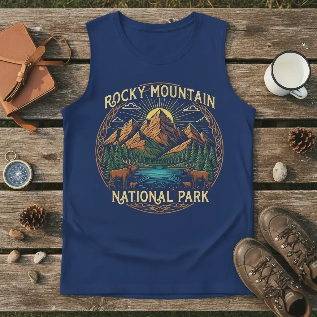 Rocky Mountain National Park text and scenic graphic with elk and mountains on a navy tank top
