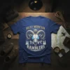 Rocky Mountain Ramblers t-shirt design featuring a ram skull graphic with mountains and trees, printed on a blue tee