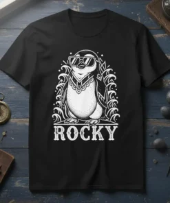 Rocky Penguin eye-catching graphic design printed on comfortable cotton t-shirt